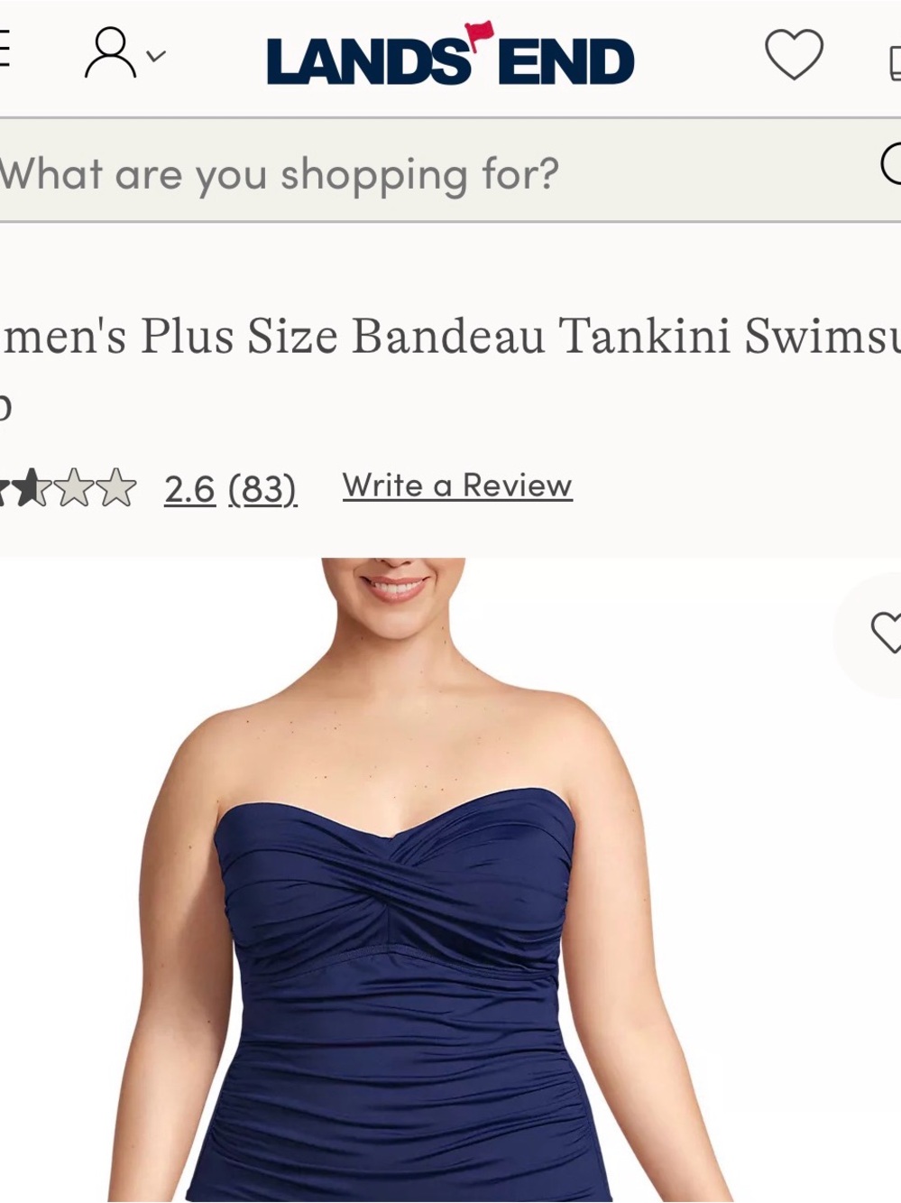 NWT Lands' End Navy Plus-Size Strapless Bandeau Tankini Top